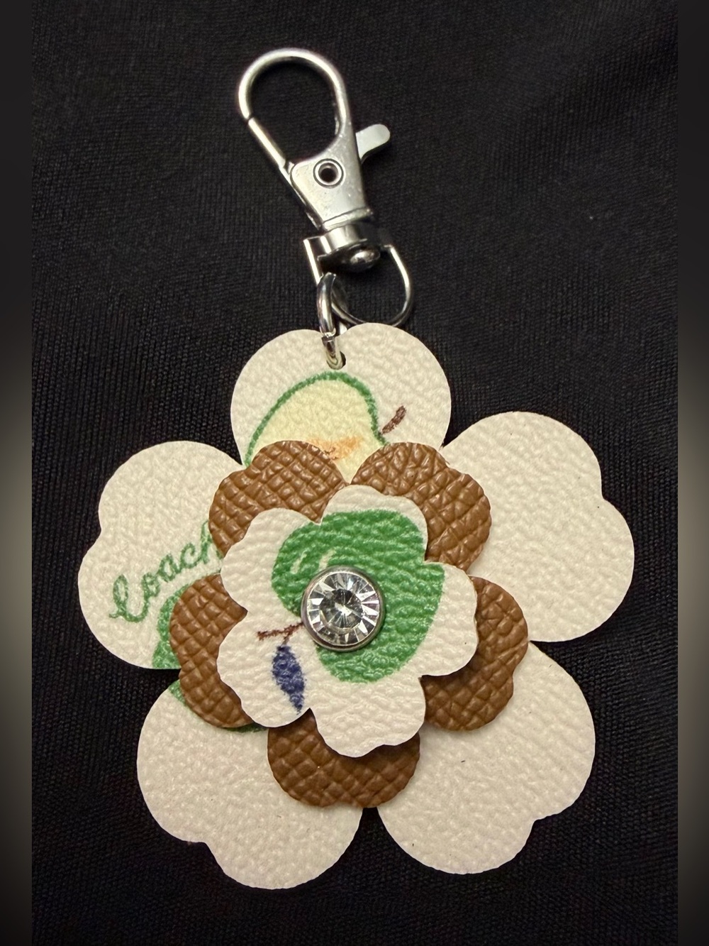 Upcycled COACH 🍏 White, Brown & Green Apple Floral Leather Keychain Charm